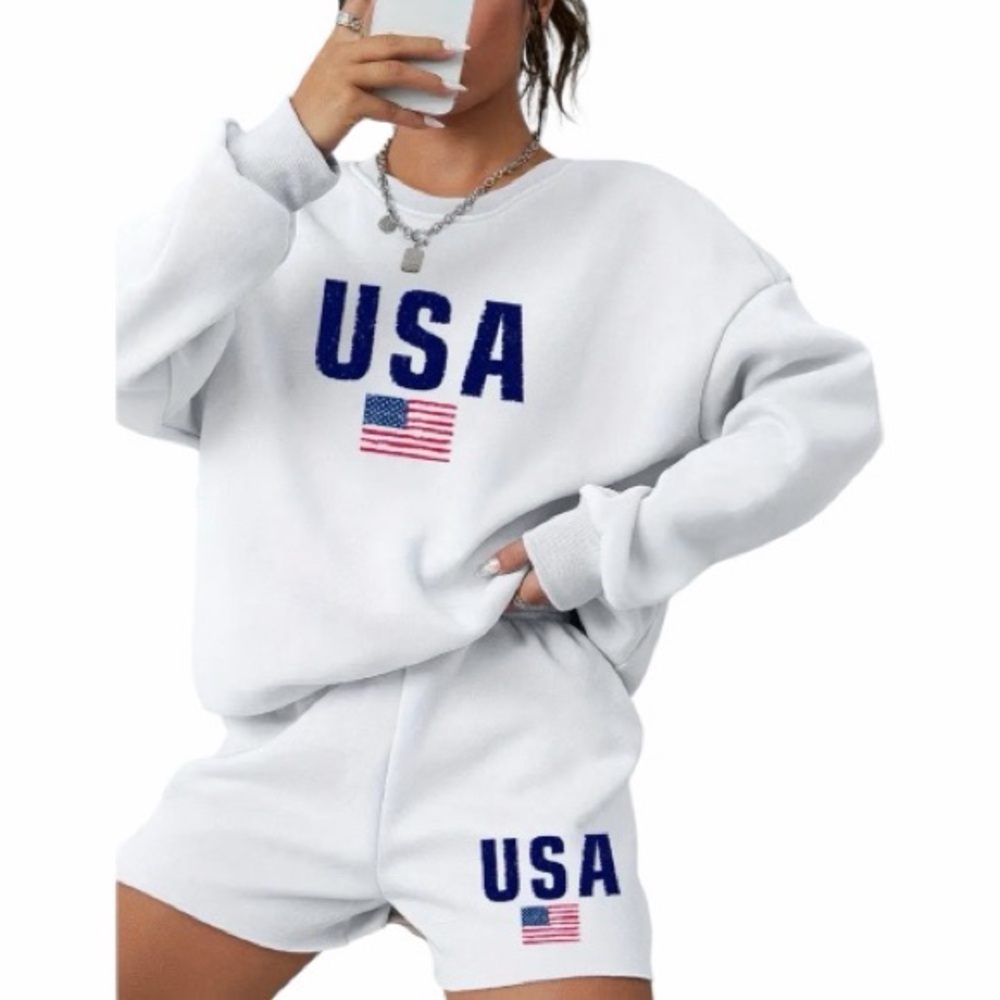 White USA Sweatshirt and Shorts Set Size Large New - Picture 3 of 3